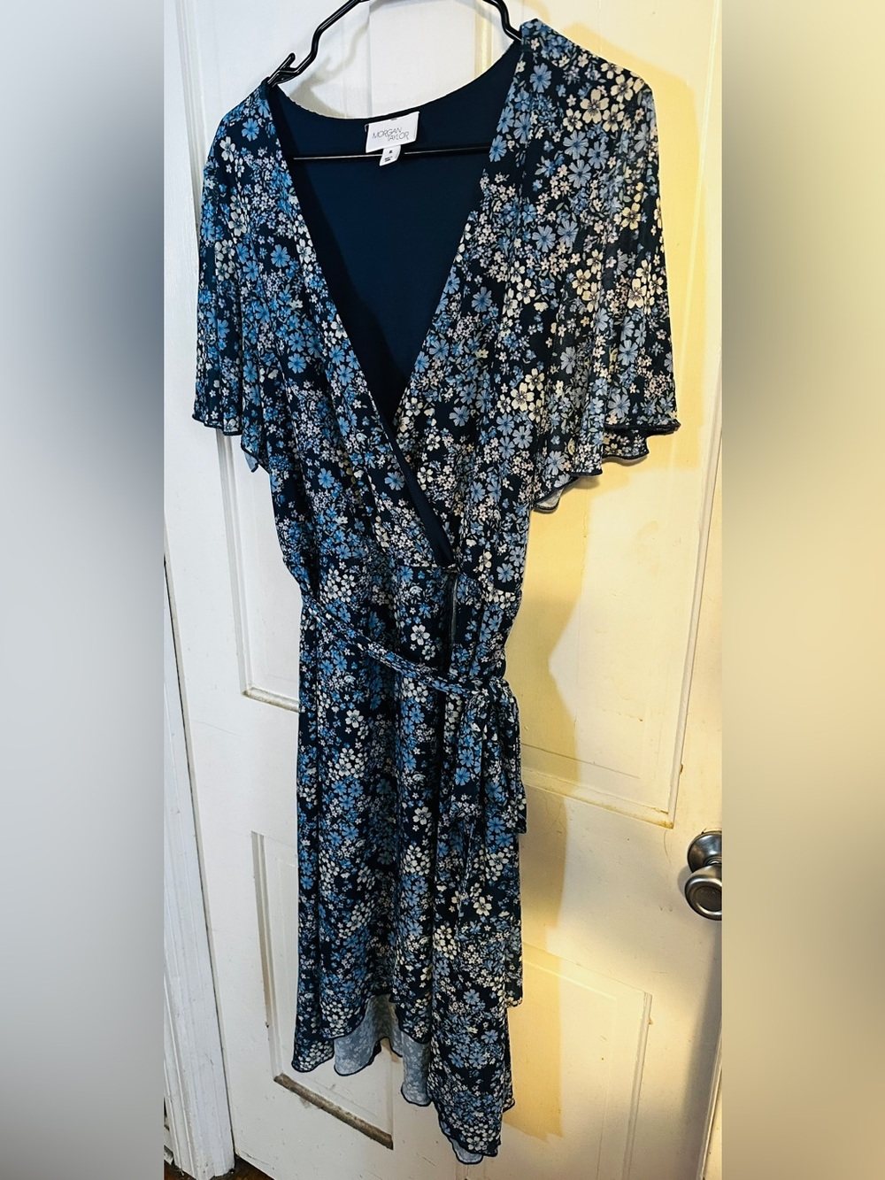 Morgan Taylor Navy Floral Wrap Midi Dress Short Sleeve Flutter High Low XL Boho - Picture 11 of 13